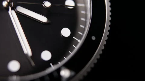 Classic, generic, minimalistic, black, analog diver wristwatch close-up Stock Footage 150767966