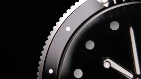 Classic, generic, minimalistic, black, analog diver wristwatch close-up Stock Footage 150768551
