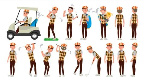 Classic Golf Player . Swing Shot On Course. Diferent Poses. Flat Cartoon Stock Illustration