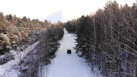 Classic gray car driving through the white winter snowy forest on country road Stock Footage 146992795