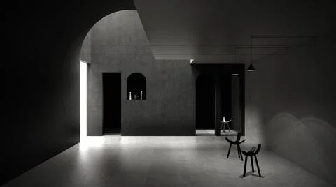 Classic gray concrete interior space, sun light that cast shadow on the wall  Ilustración de archivo