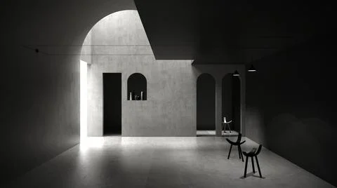 Classic gray concrete interior space, sun light that cast shadow on the wall  Ilustración de archivo