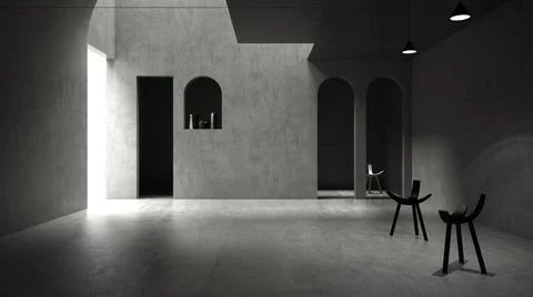 Classic gray concrete interior space, sun light that cast shadow on the wall  Ilustración de archivo