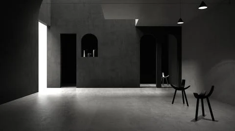 Classic gray concrete interior space, sun light that cast shadow on the wall  Ilustración de archivo