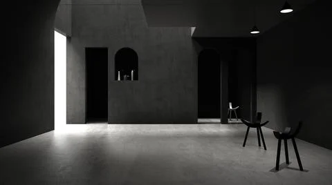 Classic gray concrete interior space, sun light that cast shadow on the wall  Ilustración de archivo