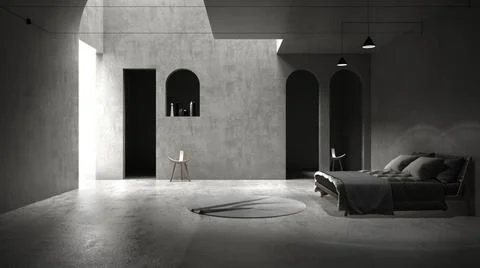 Classic gray concrete interior space, sun light that cast shadow on the wall  Ilustración de archivo
