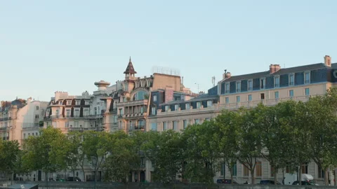 Classic Haussmann Architecture and Elegant Parisian Residential Buildings Along  Stock Footage 338254842