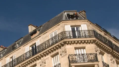 Classic Haussmann Style Apartment Building with Wrought Iron Balconies in Paris Stock-Footage 344102753