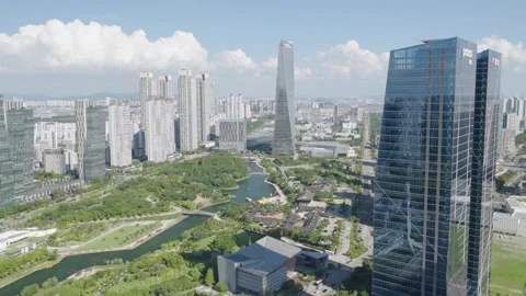 Classic High Aerial View of Songdo Central Park and City Skyline Stock Footage 343828529