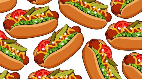 Classic Hot Dog Pattern with Pickles, Tomatoes and Mustard Seamless Food Bac Stock Footage 337339392
