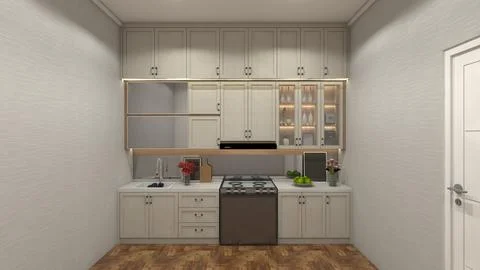 Classic Kitchen Design with Full Ceiling Cabinet and Standing Stove Illustrazione stock