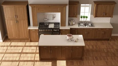 Classic kitchen, elegant interior design with wooden details, top view 스톡 일러스트