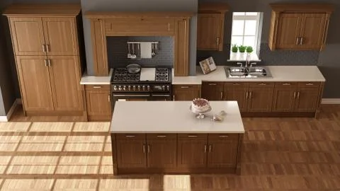 Classic kitchen, elegant interior design with wooden details, top view 스톡 일러스트