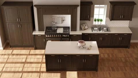 Classic kitchen, elegant interior design with wooden details, top view 스톡 일러스트