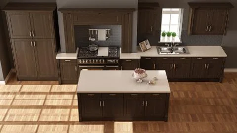Classic kitchen, elegant interior design with wooden details, top view 스톡 일러스트