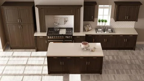 Classic kitchen, elegant interior design with wooden details, top view 스톡 일러스트