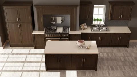 Classic kitchen, elegant interior design with wooden details, top view 스톡 일러스트