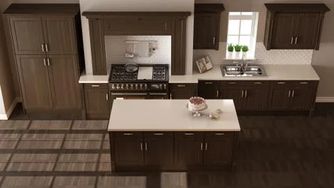 Classic kitchen, elegant interior design with wooden details, top view 스톡 일러스트