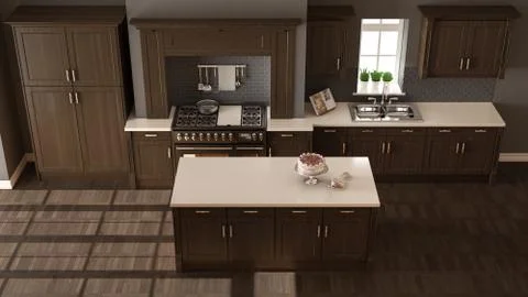 Classic kitchen, elegant interior design with wooden details, top view 스톡 일러스트