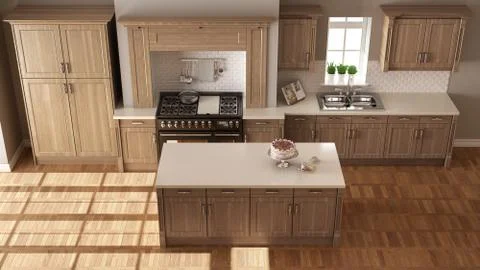 Classic kitchen, elegant interior design with wooden details, top view 스톡 일러스트