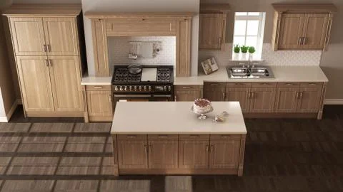 Classic kitchen, elegant interior design with wooden details, top view 스톡 일러스트