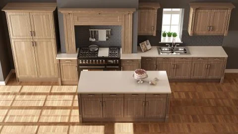 Classic kitchen, elegant interior design with wooden details, top view 스톡 일러스트