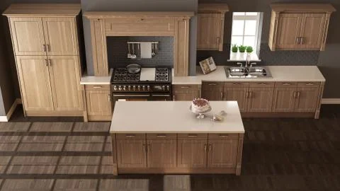 Classic kitchen, elegant interior design with wooden details, top view 스톡 일러스트