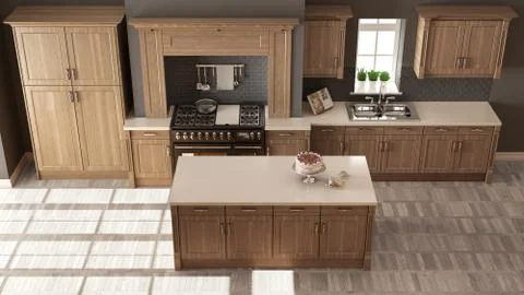 Classic kitchen, elegant interior design with wooden details, top view 스톡 일러스트