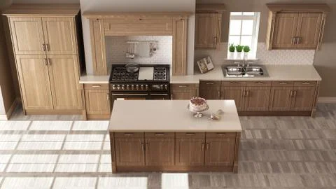 Classic kitchen, elegant interior design with wooden details, top view 스톡 일러스트