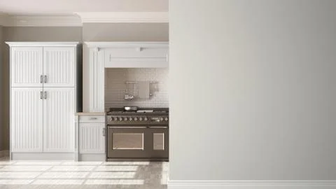 Classic kitchen on a foreground wall, interior design architecture concept wi Stock Illustration