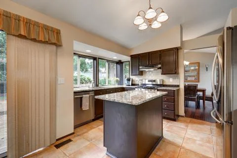 Classic Kitchen room design with kitchen island Stock Photos