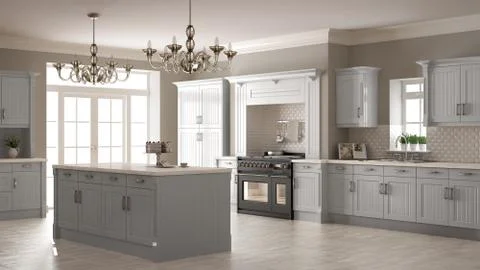 Classic kitchen, scandinavian minimal interior design with wooden details Stock Illustration