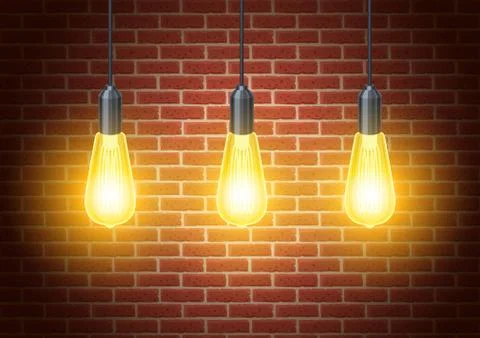 Classic light bulbs on rustic brick wall Illustrazione stock