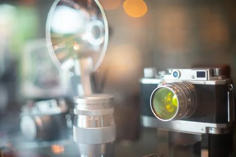 A classic looking vintage camera in a showcase Stock Photos