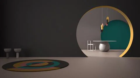 Classic metaphysics interior design, hall with dining room, table, chair, car Illustrazione stock