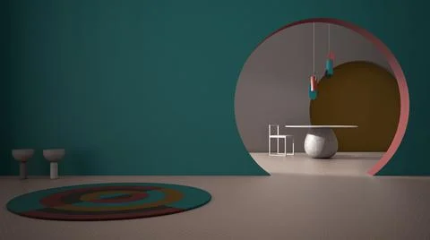 Classic metaphysics interior design, hall with dining room, table, chair, car Illustrazione stock