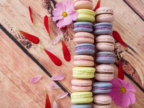 Classic mini macaroons on white background close up Stock Photos