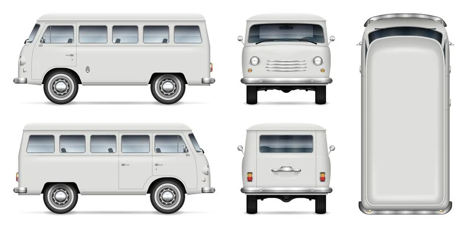 Classic mini van vector mockup side, front, back, top view Stock Illustration