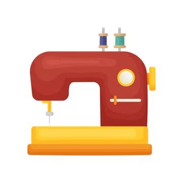 Classic model of sewing machine in red with two spools of thread isolated on Stock Illustration