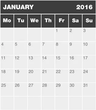 Classic month planning calendar - January 2016 Stock Illustration