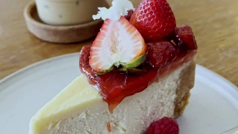 Classic New York Cheesecake Slice on White Plate Stock Footage 340413497