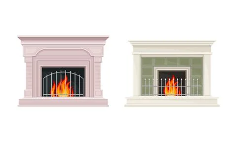 Classic open hearth fireplace with burning fire set vector illustration Ilustración de archivo