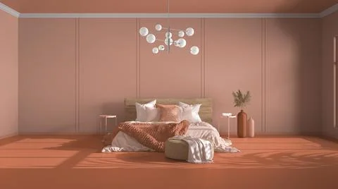 Classic orange background with copy space: empty bedroom, double bed with bla Stock Illustration