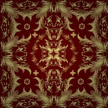 Classic oriental pattern over yellow, red and neutral colors. Damask seamless or Stock Illustration
