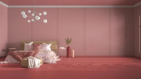 Classic pink background with copy space: empty bedroom, double bed with blank Stock Illustration