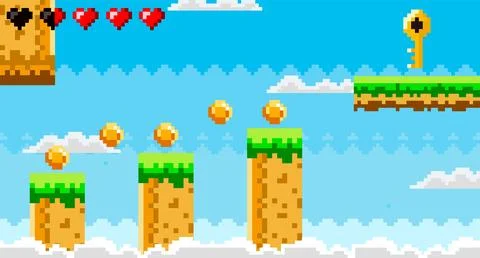 Classic Pixelated Video Game Landscape with Platforms Coins and Key in the Sk Stock Illustration