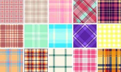 Classic plaid patterns featuring a mix of checkered designs and colorful stri Stock Illustration