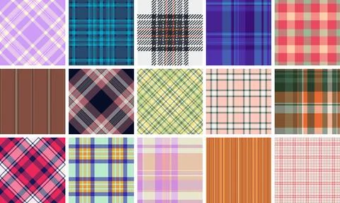 Classic plaid textile patterns featuring checkered designs in trendy colors.. Stock Illustration