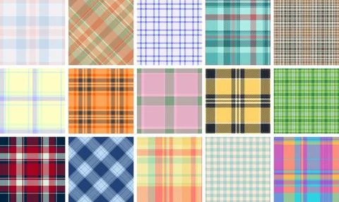 Classic plaid textile patterns featuring checkered designs in trendy colors.. Illustrazione stock