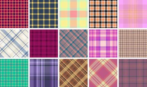 Classic plaid textile patterns featuring checkered designs in trendy colors.. Stock Illustration